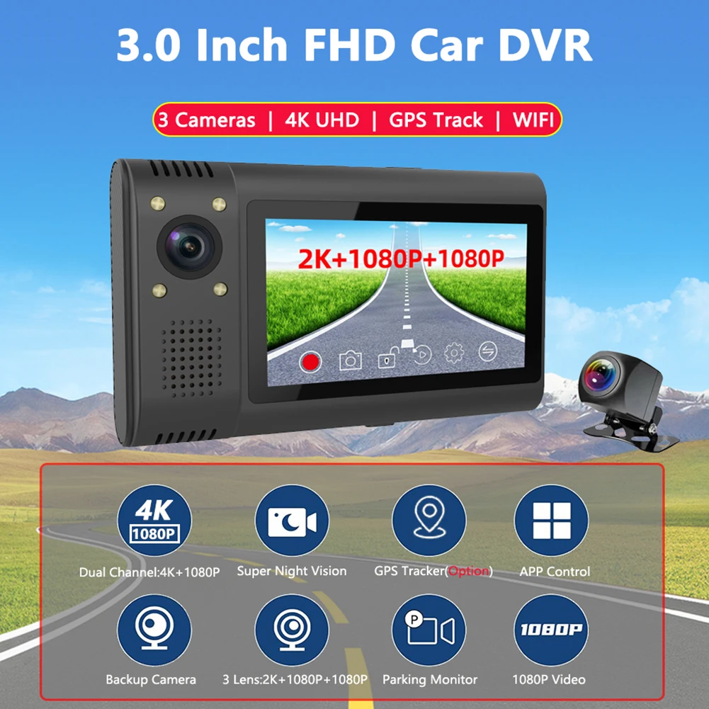 2K Mirror Dash Camera HD 1080P Rear Camera Dash Cam Front Rear and Inside with Voice Control, 24H Parking Mode Night Vision