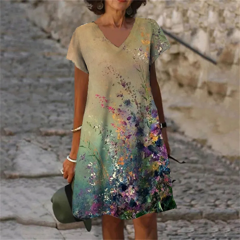 Plant Flowers Tie Dye Gradient Print Women Dress Casual V-Neck Short Sleeve A-Line Dresses Summer 2023 New Oversized Clothing