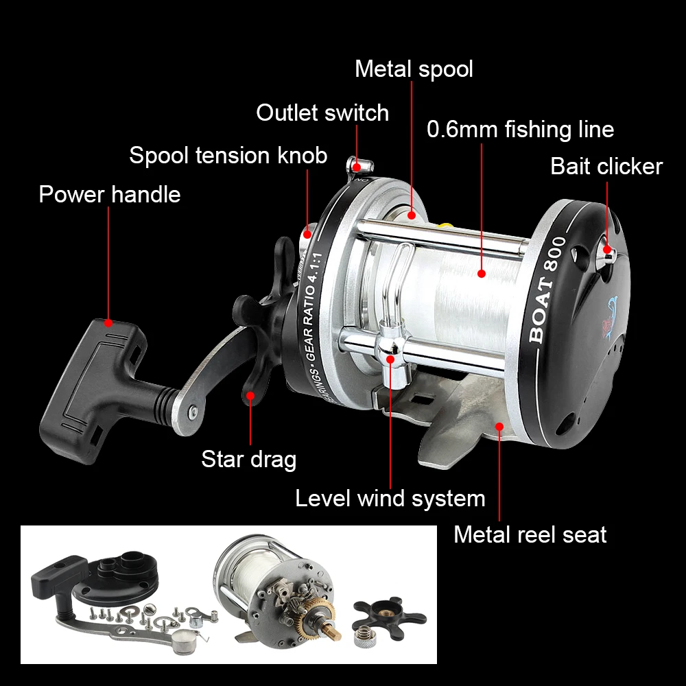 BOAT800 Big Game Sea Drum Reel SUFIX Fishing Line 2 Stainless Bearings Carbon Drag Forged Spool Offshore Big Fish Trolling Wheel
