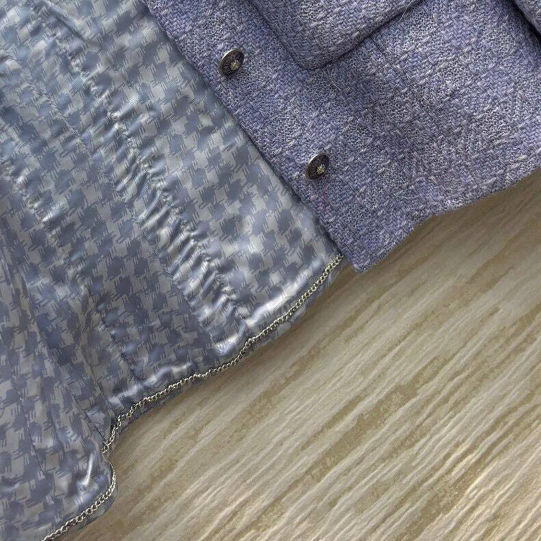 2024 Early Autumn Purple Wool Blends Tweed Jacket Women V-neck Long Sleeve Flower Brooch Patchwork Houndstooth Cuff Retro Coat