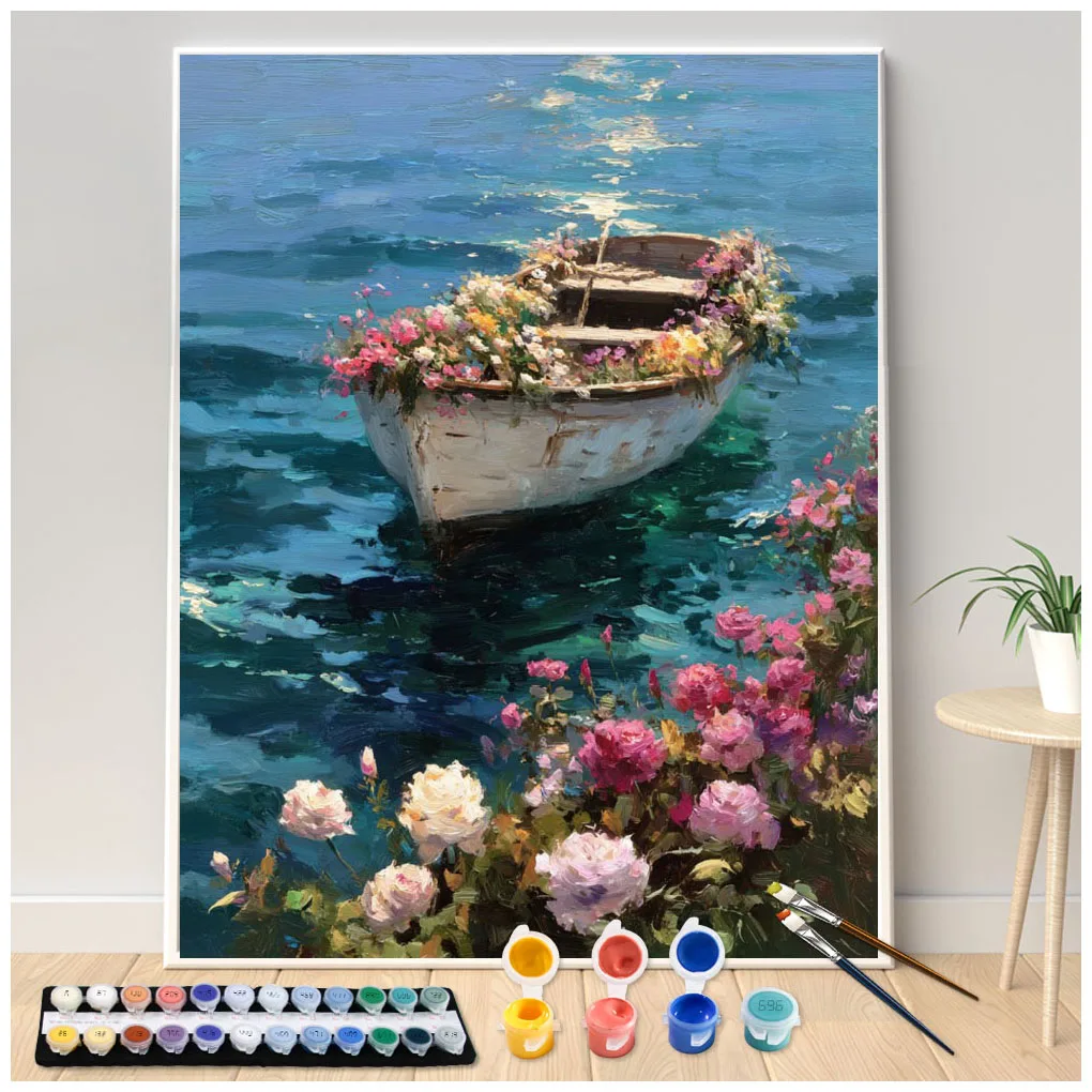 Painting by Numbers Kit DIY Flower Boat Canvas Art Hand Painting Home Decoration Personality Surprise Gift