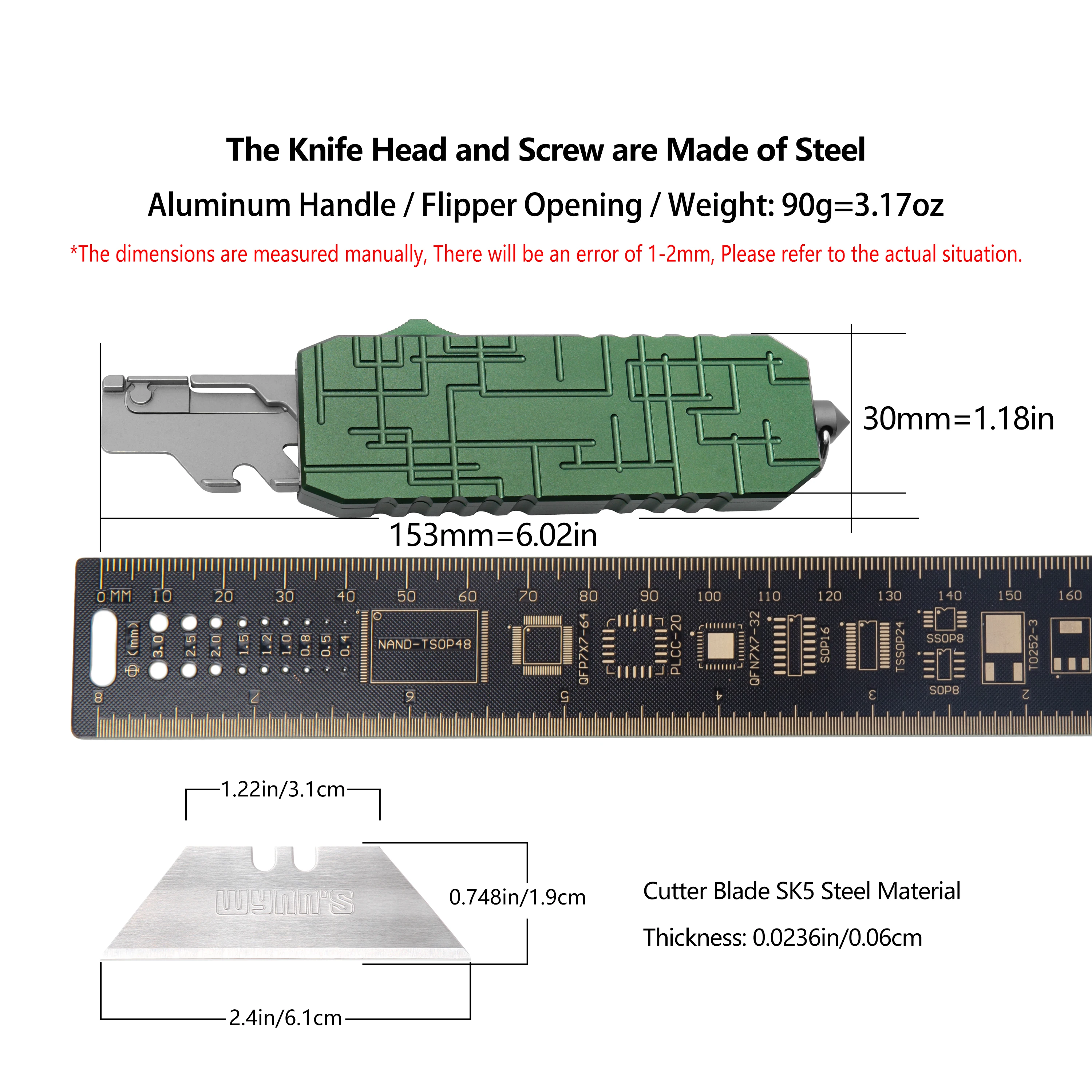 TGZUO Brand Aluminum Handle Green Cutter knife Utility knife Fruit Knife Woodworking Tool Knife SK5 Steel Blade With clip