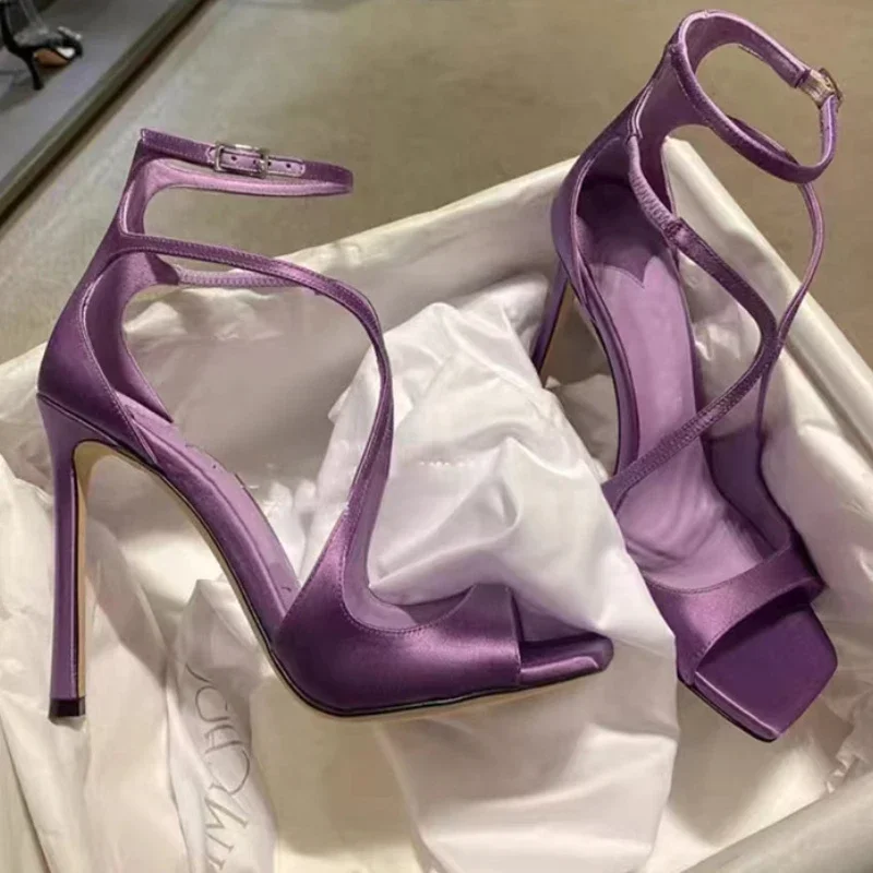 

Designer Elegant Purple Satin Cross Strap High Heels Women Luxury Brand Peep Toe Female Pumps Sexy Party Dress Heeled Sandals