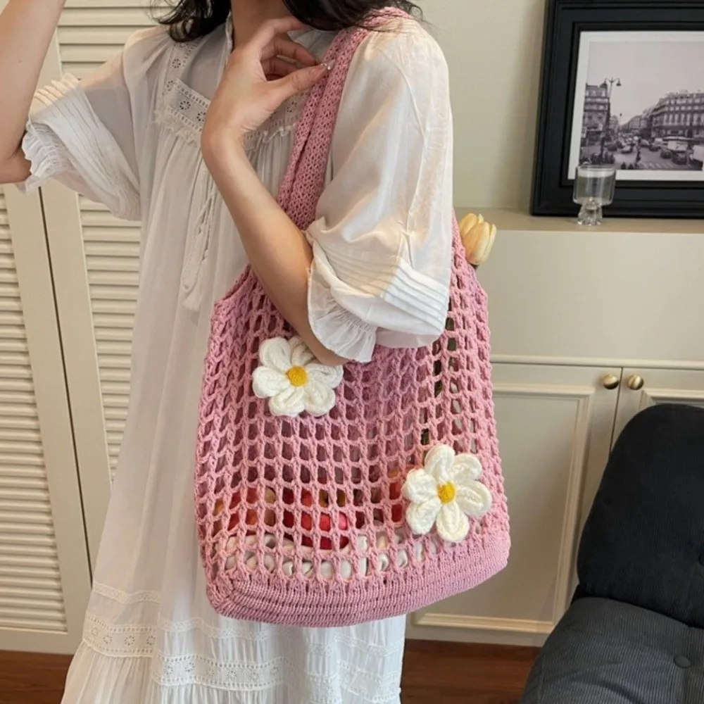 

Вязаная сумка-тоут Sweet Flower, большая вместительная шерстяная сумка-кроссбоди в корейском стиле, ажурная сумка через плечо для отпуска