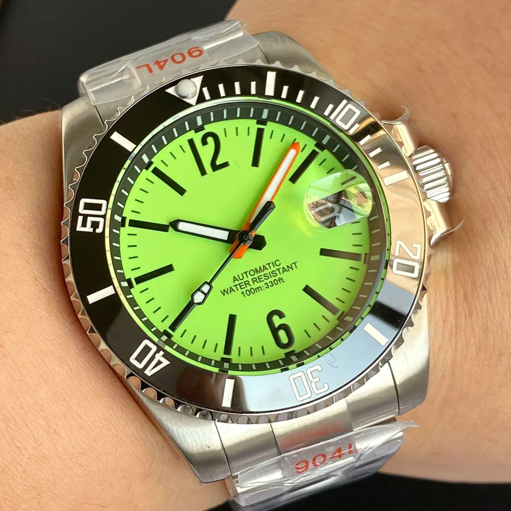 Green Dial Full Lume 40mm Tandorio NH35 Automatic Wristwatch for Men Date Display Cyclops Steel Bracelet Sapphire Crystal 20ATM