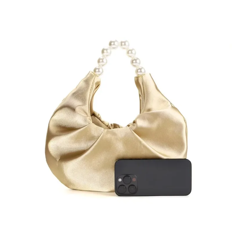French Elegant Design Pearl Portable Cloud Bag, Niche Satin Fairy Bridesmaid Wedding Dinner Bag