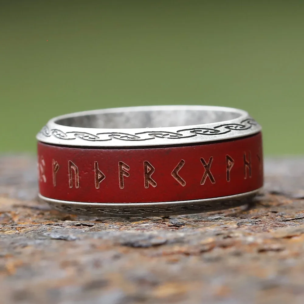 New Design 316L Stainless Steel Viking Runes Rosewood Ring For Men Round 8mm Engagement Ring Special Design Jewelry