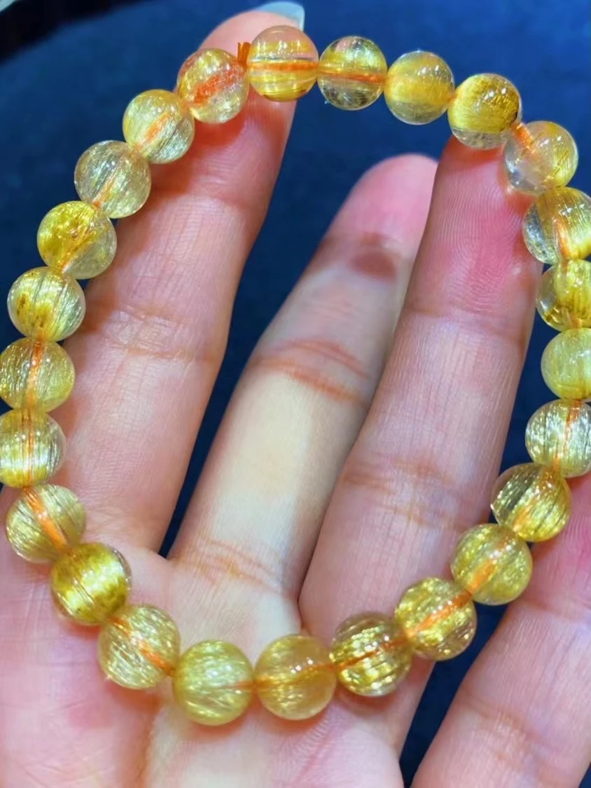 Natural Gold Rutilated Quartz Titanium Bracelet 7.7mm Wealthy Woman Men Clear Round Beads Jewelry From Brazil AAAAAAA