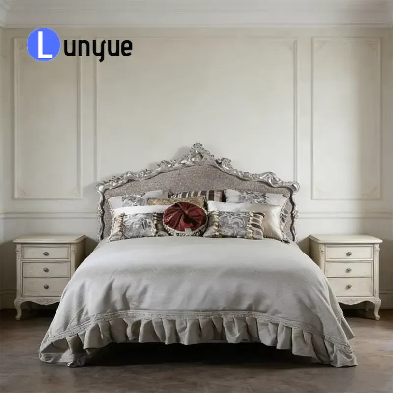 Custom Solid Birch French Antique Double Bed High Headboard Upholstered Fabric Adjustable Tilt Bedroom Furniture Elegant