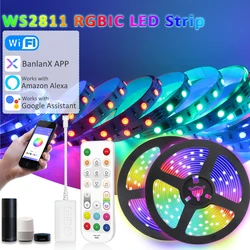 Luzes de tira LED com controle de voz, WiFi, RGB, corrida de cavalos, aplicativo BanlanX, Alexa, Assistente do Google, lâmpada inteligente, RGBIC, SMD 5050, 24V, WS2811