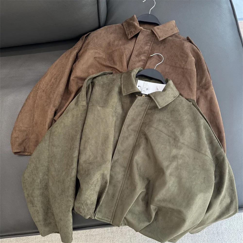 

new women's casual loose suede effect pilot jacket with collar and long sleeves, solid color versatile top jacket