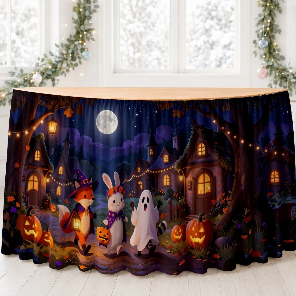 Tablecloth - Halloween theme - Humorous and cute - Forest night scene - Autumn night - Party