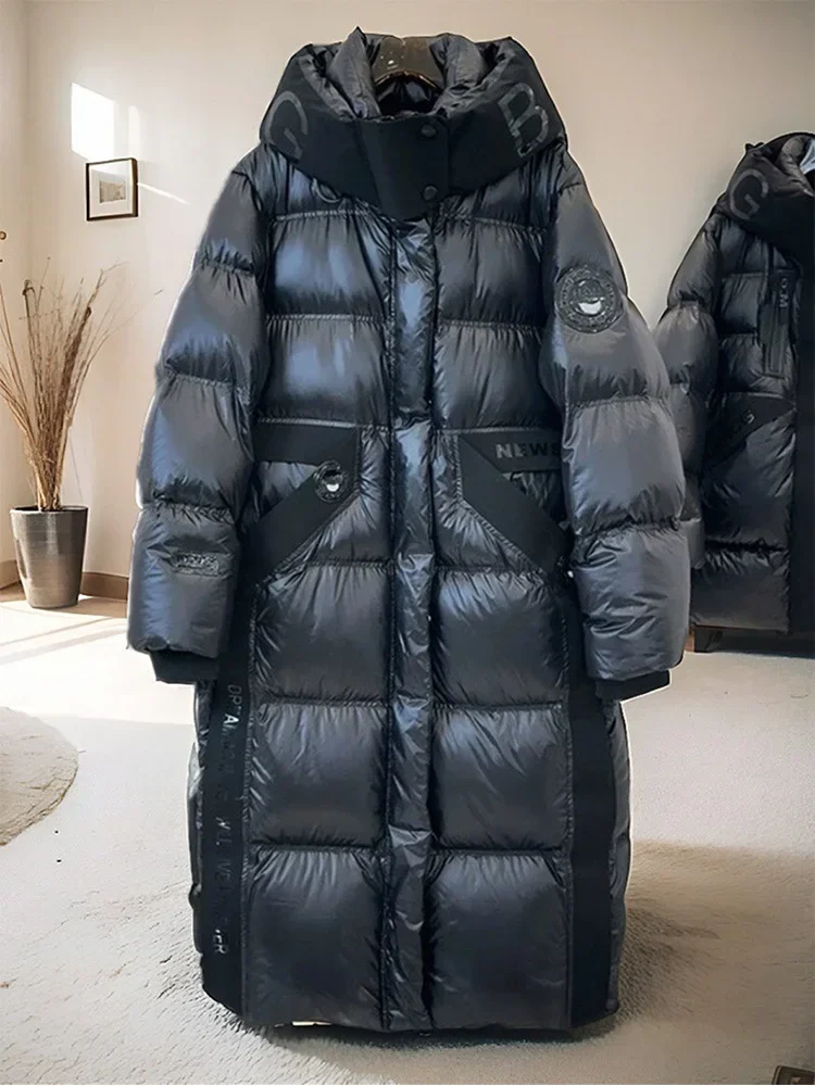 Windproof Outwear 2025 New Autumn Winter Female Hooded White Duck Down Coat Winter Glossy Warm Thickened Long Puffer Jacket