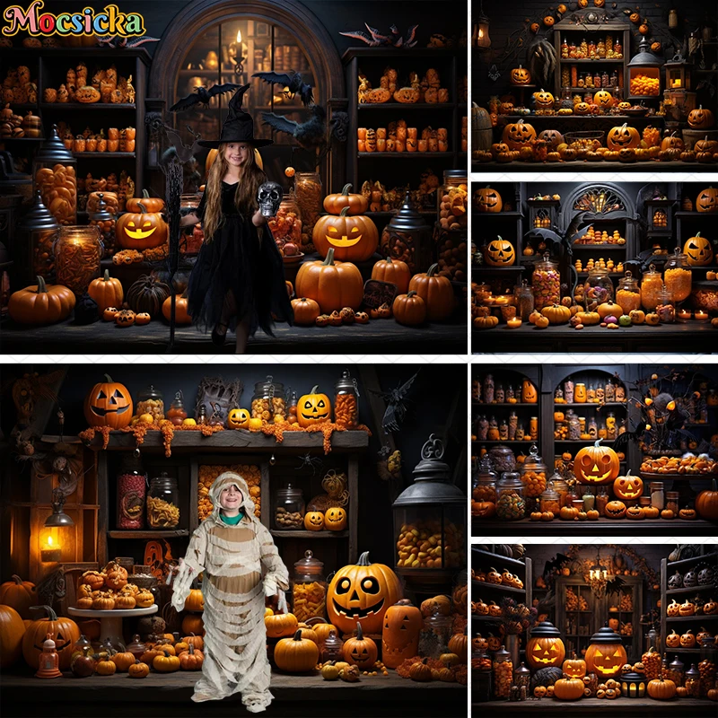 Mocsicka Halloween Candy Store Backdrop Trick or Treat Pumpkin Decor Kids Portrait Holiday Party Studio Photography Backgrounds