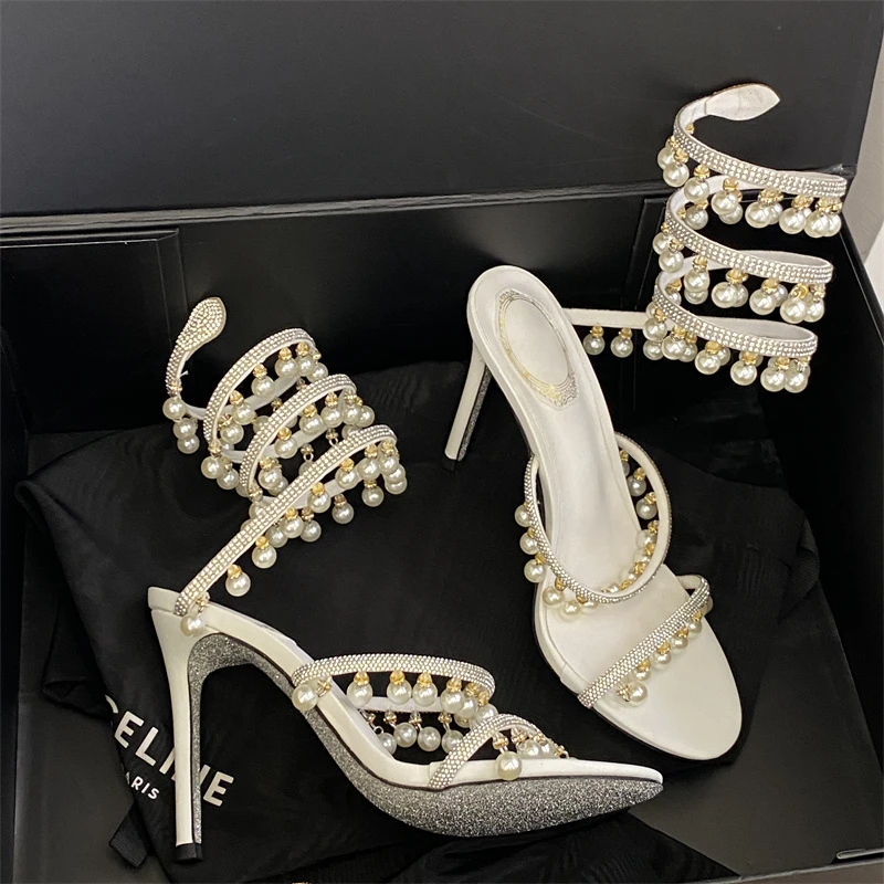 Eilyken Sexy Elegan Crystal  Pearl Pendant Ankle Strap Women Sandals Street Style Thin High Heels Carnival Prom Party Shoes view 5
