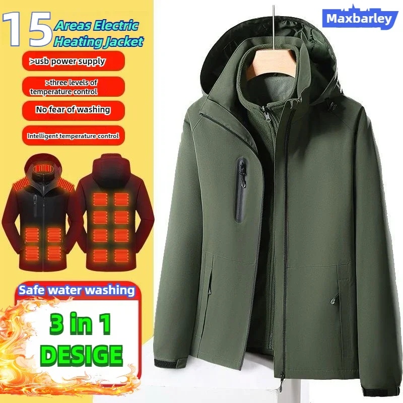COMXZ cortavientos con calefacción inteligente de 15 zonas para hombre, chaqueta térmica de lana 3 en 1, abrigo impermeable con calefacción USB para invierno, caza en nieve y tiro con arco ​