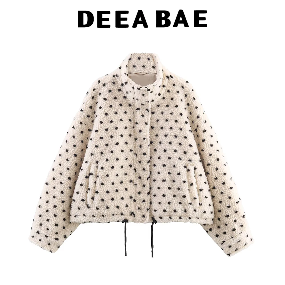 DEEABAE شتاء جديد الملابس النسائية البولكا نقطة نمط الرباط الخصر cinching الوقوف طوق جاكيت من الصوف سترة قطن #1