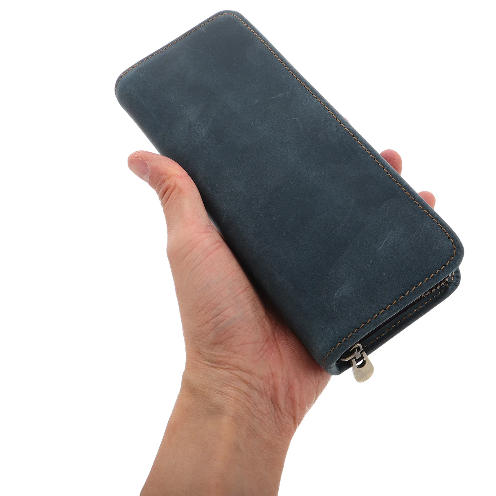 

Pen Case Cowhide Retro Design Spacious Zipper Pencil Holder Large Capacity for Writing Tools Gift