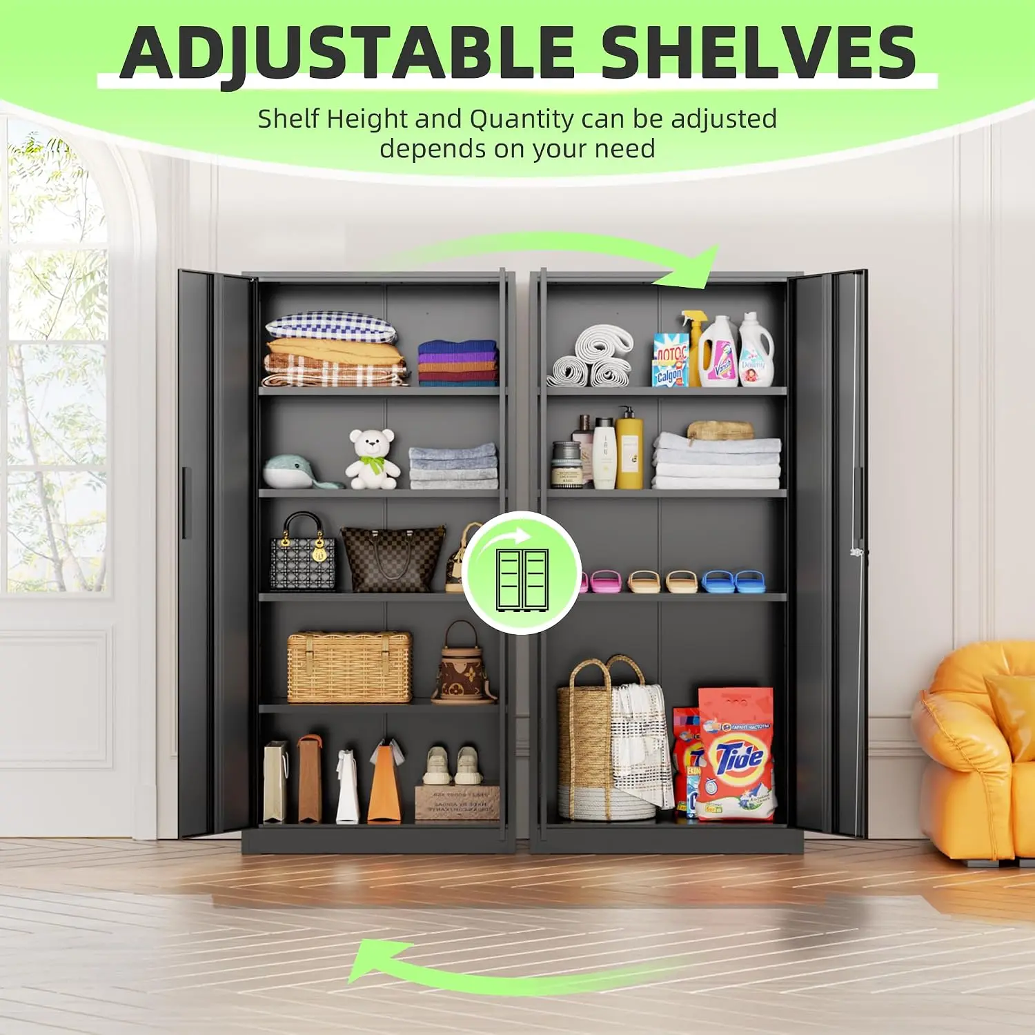 Tall Metal Storage Cabinet Organizer, Locking Steel Utility Cupboard With Four Adjustable Shelves, Heavy Duty Floor Standing Locker For Warehouse Home Office, Modern Black Furniture view 3