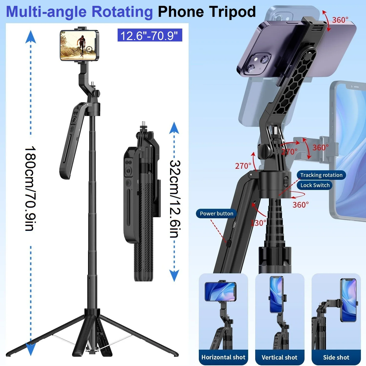 Trépied de téléphone avec suivi automatique du visage, rotation à 360 °, extensible de 71 \