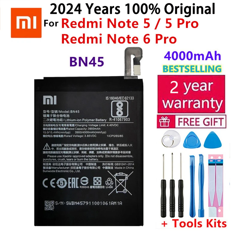 

2024 Years 100% Original Phone Battery for Xiaomi Redmi Note 5 Note5 Note 6 Pro BN45 4000mAh Replacement Batteries Fast Shipping