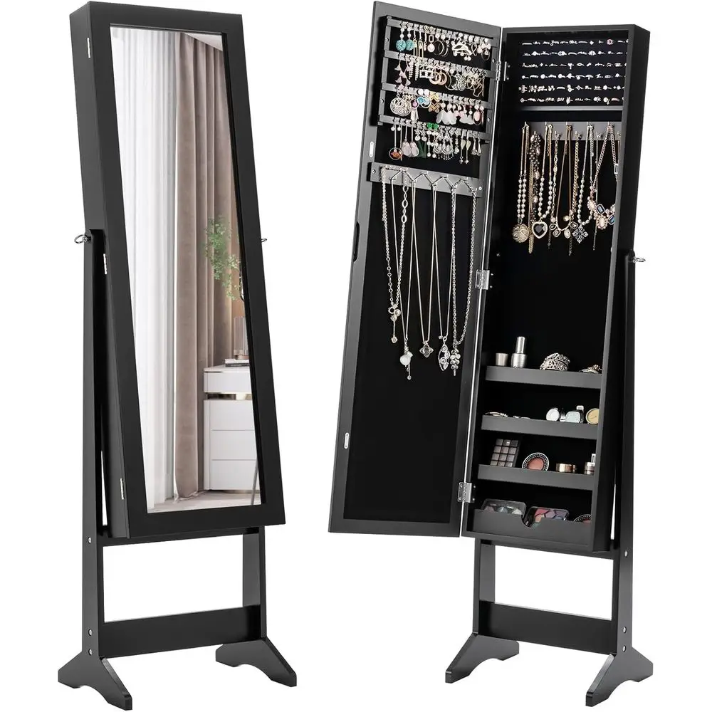 Free-Standing Wardrobe Cabinet with Full-Length Mirror & Adjustable Shelves for Bedroom or Living Room (Black)