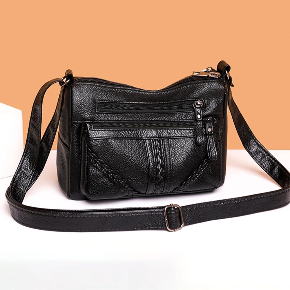 Vintage Crossbody Bag Large Capacity Women\'S Shoulder Bag Soft Pu Leather Multifunction Waterproof Black Messenger Bag New