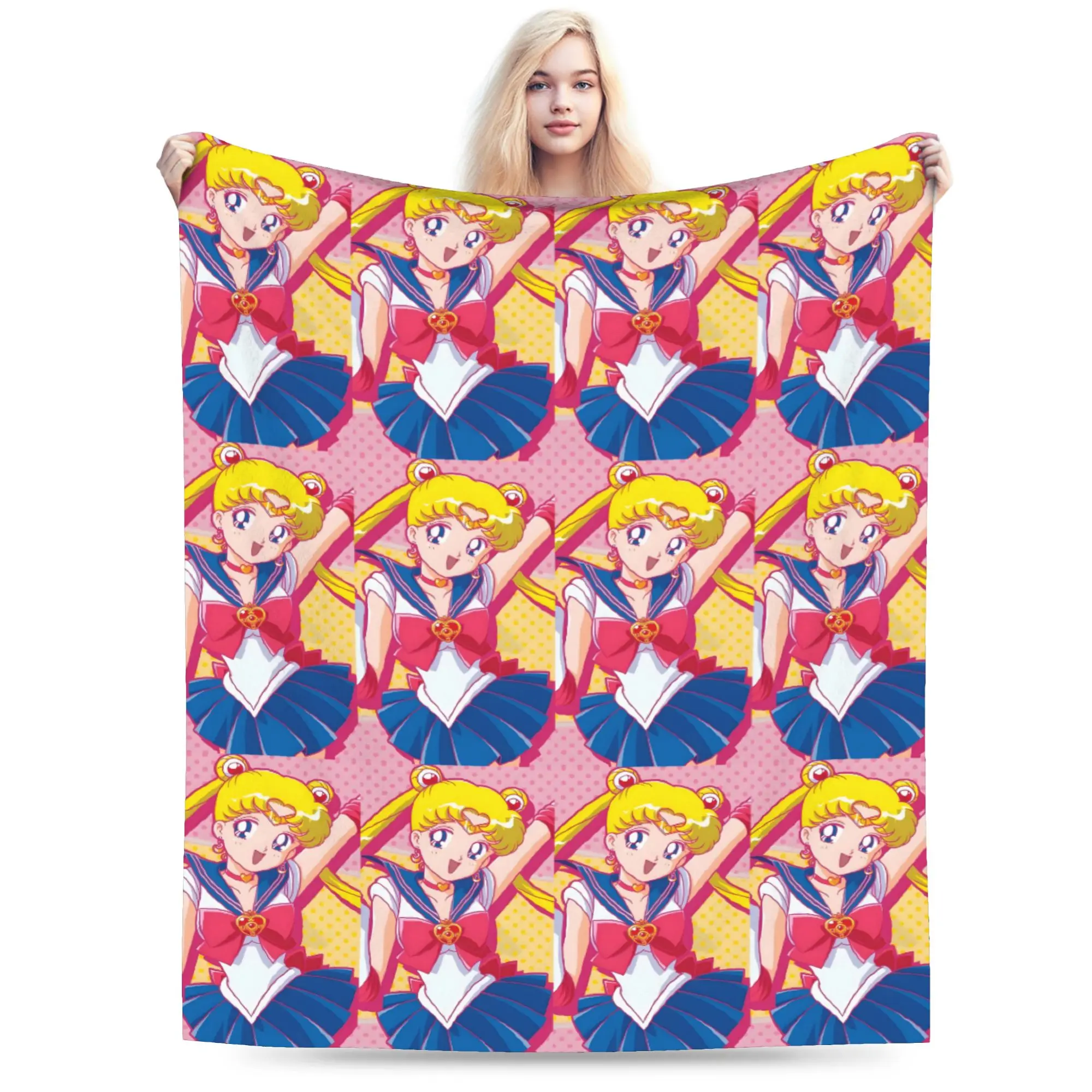 Ultra-Soft Fleece Sailors Anime Moons Throw Blanket Warm Flannel Usagi Tsukino Luna Blankets for Bed Office Couch Bedspreads