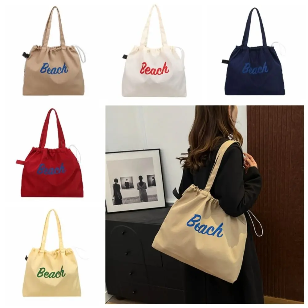 

Canvas Drawstring Tote Bag Large Capacity Shopping Bag Nylon Shoulder Bag Korean Style Beach Bag Letter Printed Handbag Work