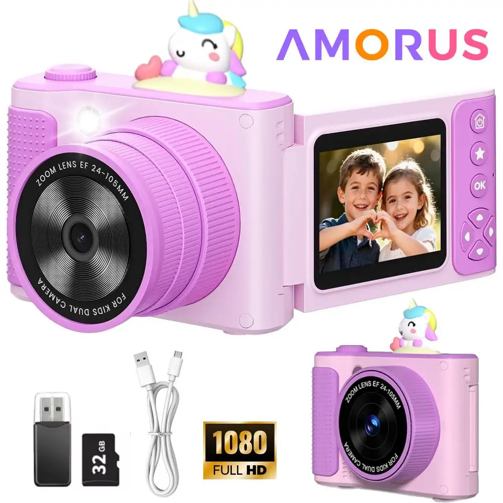 Kids Digital Camera 1080P HD Video Camera 2.4 Inch Flip Screen Digital Camera Telescopic Lens Photography CCD for Kids Gifts