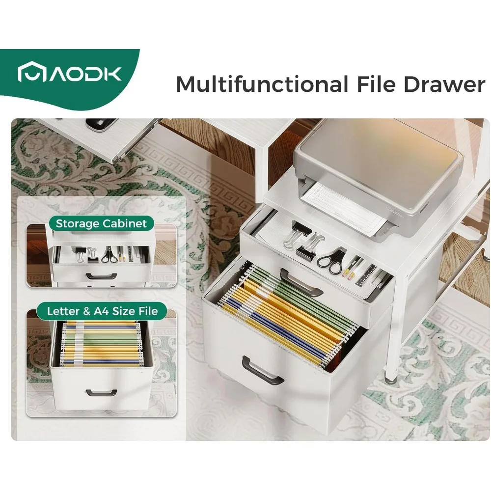 63 Inch Computer Desk with Power Outlet and LED Light, Reversible Office Desk with File Cabinet and Drawer