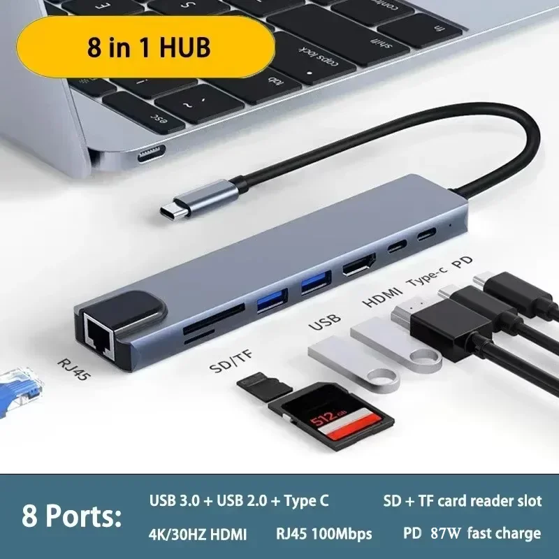 8 in 1 USB C HUB Type C Splitter 4K HDMI RJ45 100Mbps with SD Tf Card Reader Slot PD 87W Fast Charging for Notebook Computer