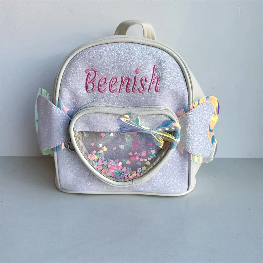 Mochila de jardim de infância com nome personalizado, princesa transparente schoolbag, bordado personalizado, arco arco arco menina mochila para crianças