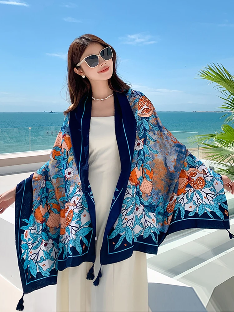 Travel Vacation Elegant Women Silk Scarf Sarong Beach Wrap Shawl Floral Print Lady Sunscreen Bandana Hijab Bohemian Scarve Pareo