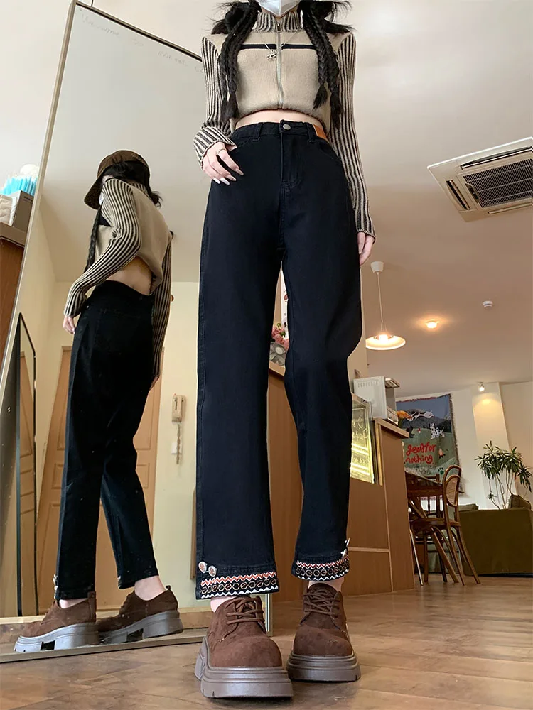 ارتفاع الخصر المطرزة واسعة الساق الجينز المرأة سليم صالح مستقيم قطع الدينيم السراويل الخريف جديد Sle حجم كبير الشكل الصغير الشقق...