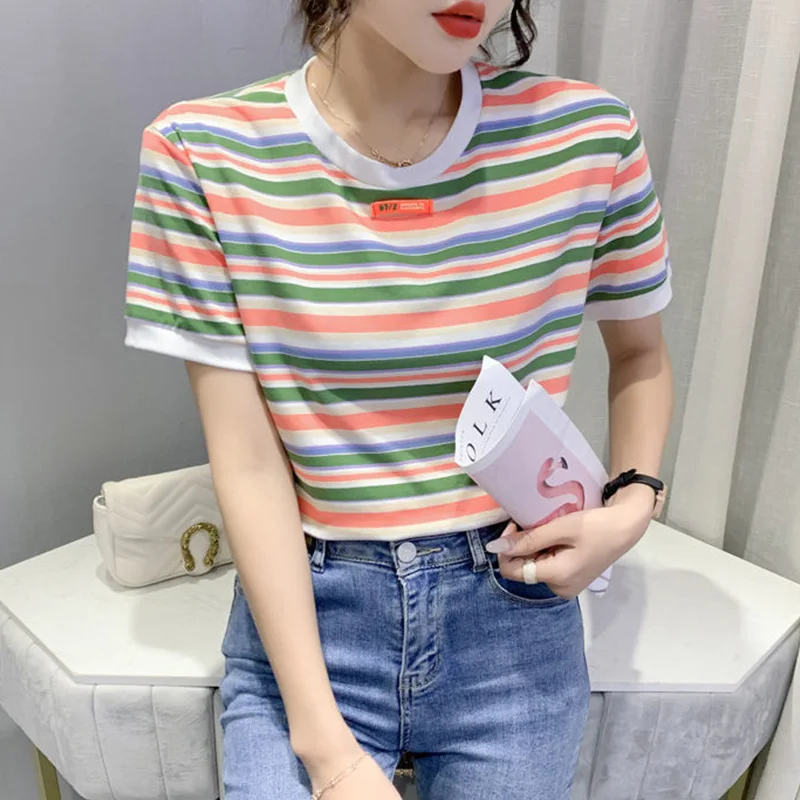 Summer Clothes for Women Multicolour Striped Printing Pullover T-Shirt Casual Round Neck 100% Cotton Short Sleeve Loose Tops