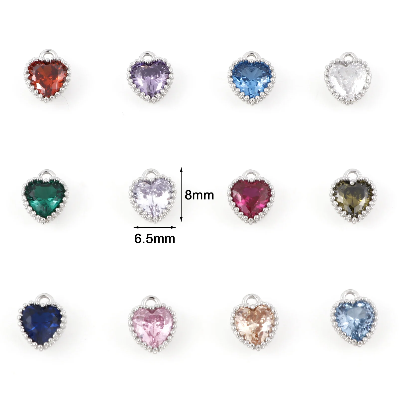 2pcs Brass Charms Silver Color Heart Multicolour Cubic Zirconia Birthstone Pendants DIY Necklace Earrings Jewelry 8mm x 6.5mm