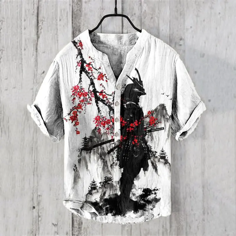 

2025 Summer Japanese Samurai Pattern 3D Printed Men's Short Sleeve 100% Linen Youth Art Shirt Hawaiian Shirt