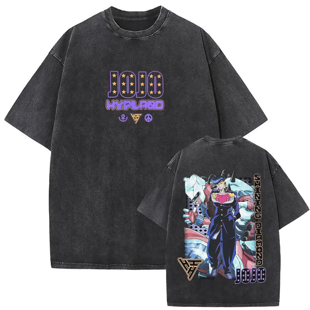Japanese Anime JoJo's Bizarre Adventure Kujo Jotaro Washed Vintage Graphic T-shirt Men Women Casual Oversized Cotton T Shirts