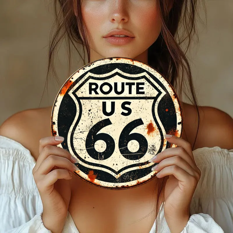 Vintage US Route 66 Round Metal Tin Sign Retro Distressed Highway Sign Wall Decor for Home Bar Garage and Man Cave