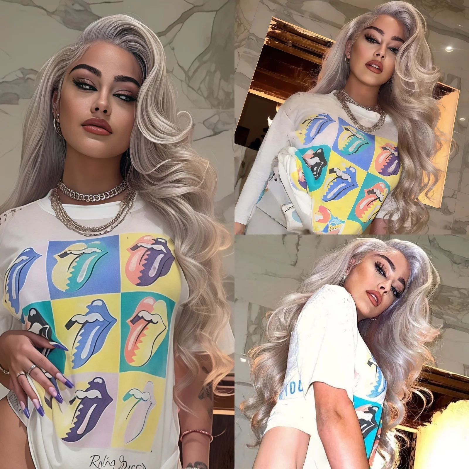 Silver Blonde Body Wave Synthetic Wig Middle Part Long Curly Wavy Loose Deep Wave Light Platinum Grey Lace Front Wigs for Women