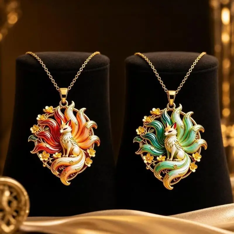 Chinese Style Nine-tailed Fox Enamel Pendant Necklace Creative Mythology Design Fashion Jewelry For Women Thanksgiving Gift