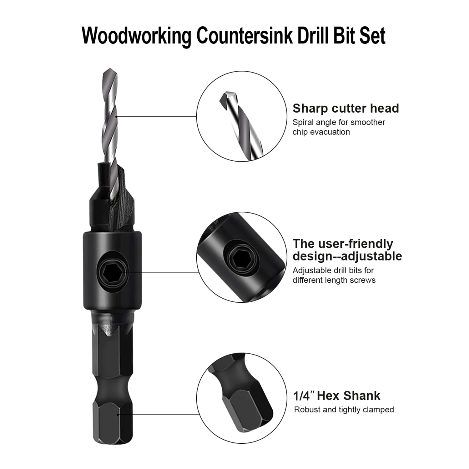 Countersink Drill Bit Set, Woodworking Chamfer Adjustable Countersink Tools on Counter Sink Holes with 1/4inch Hex Shank