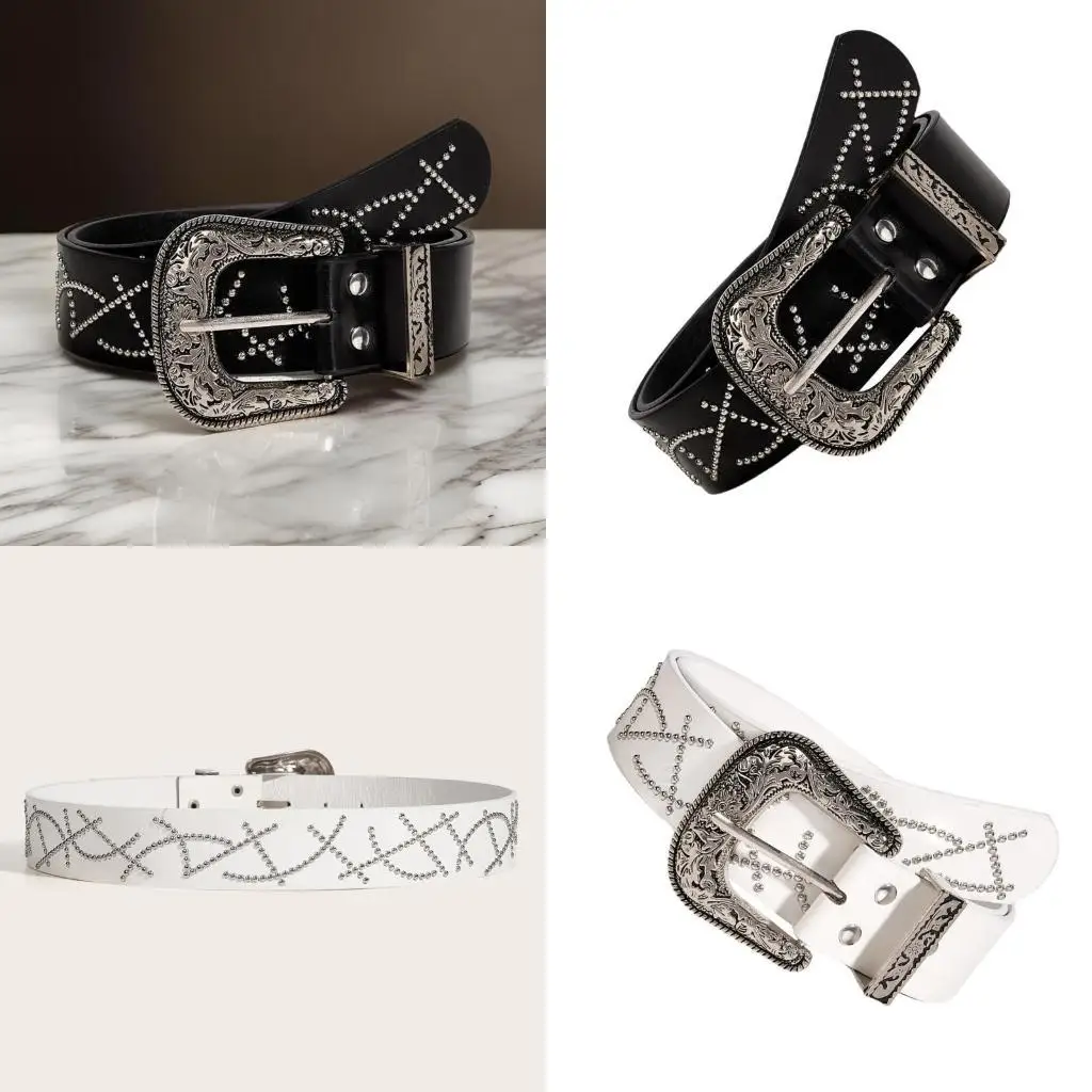 

652F Fashion Carved Buckle Belt for Adult Women Western Waistband Rivet Studded Belt Vintage Buckle Waiststrap for Dresses