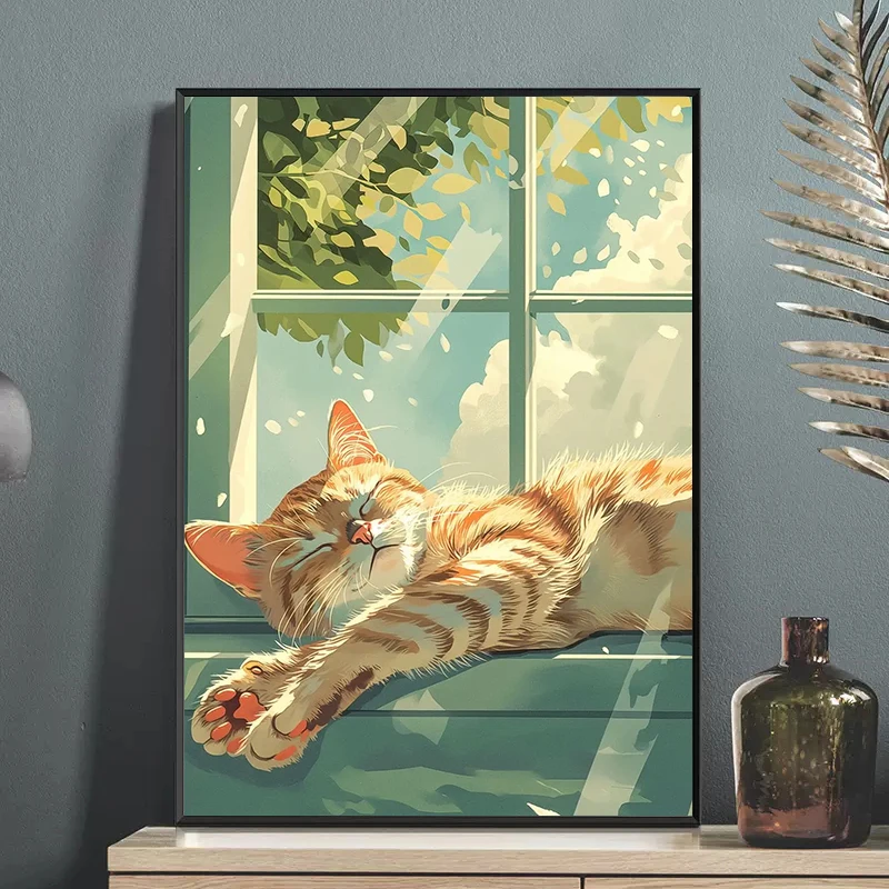 Lazy Cat Cartoon Poster and Print Canvas Painting Cat Sleeping on Windowsill Wall Art Picture for Living Room Home Decoration