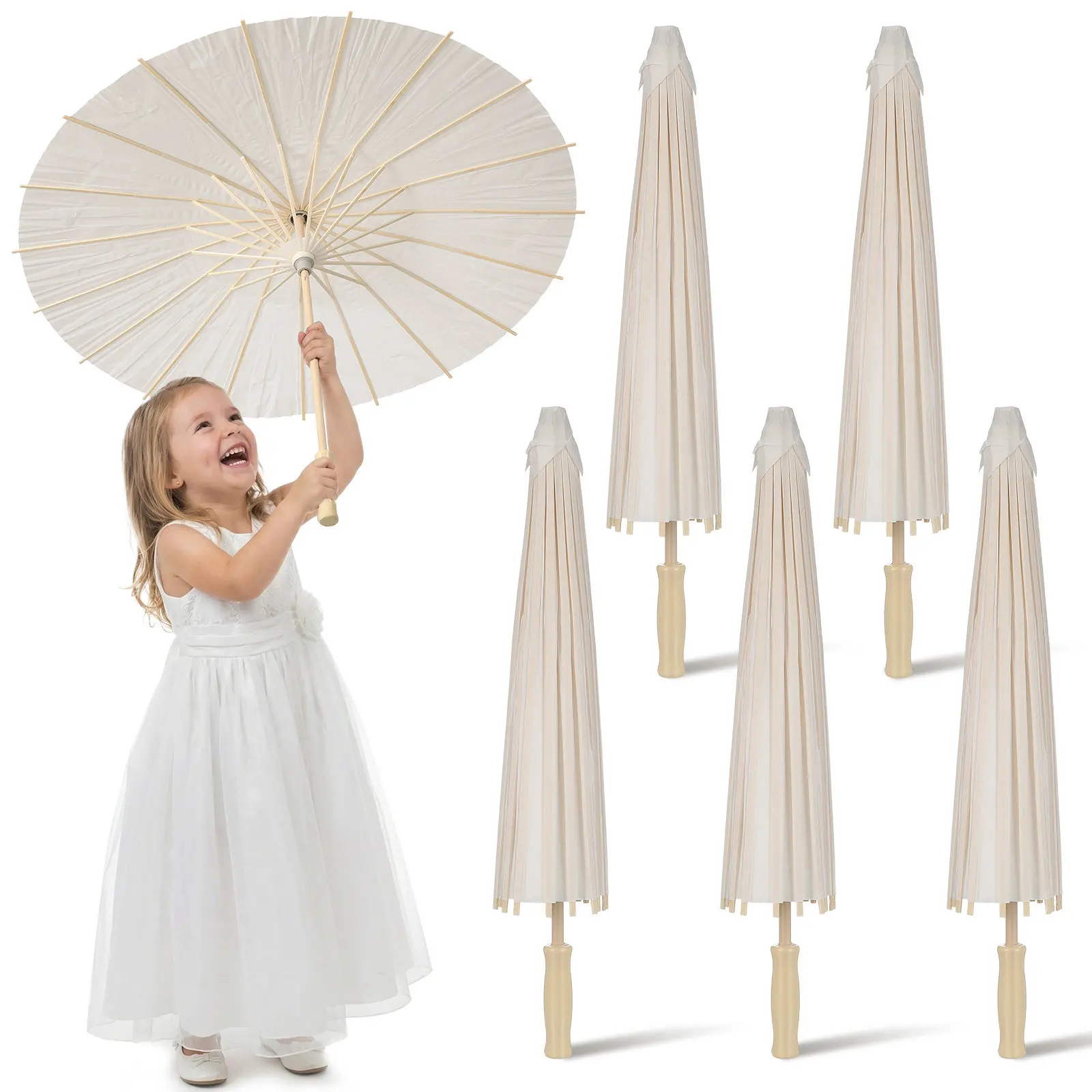 5Pcs White Paper Umbrellas Oil Paper Handmade Pure Lightweight Chinese Style DIY Canvas Painting Dance Props Wedding Party