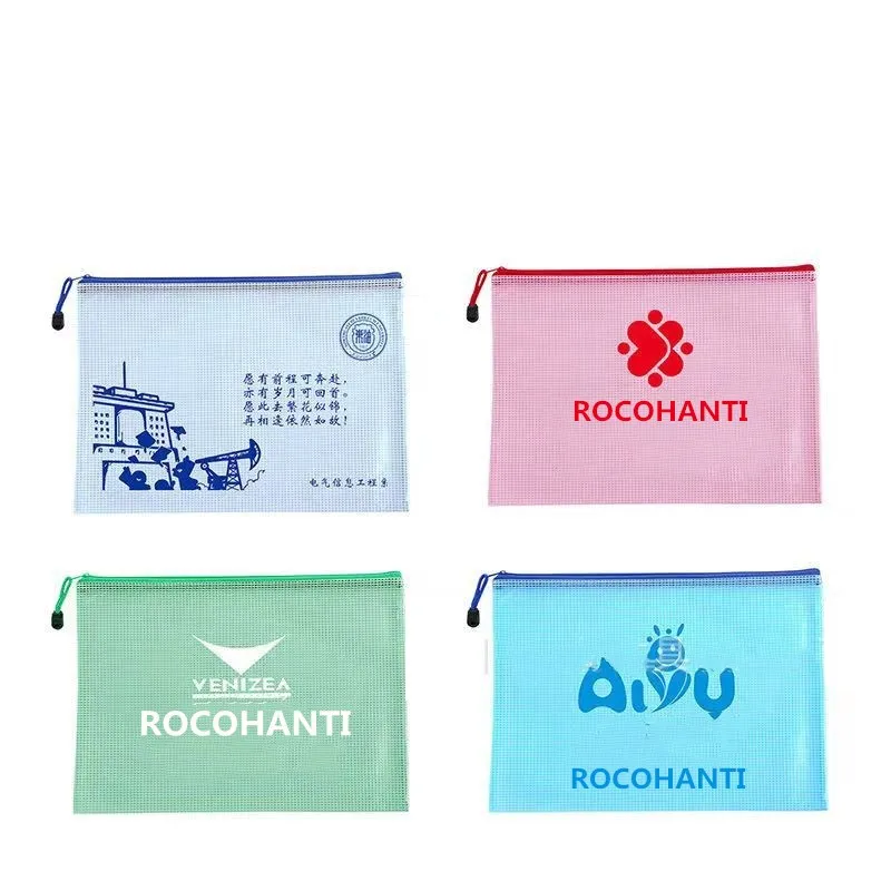 50pcs Custom Colorful PVC Plastic Envelope Document Bag A3 A4 A5 B5 Zipper Closure Mesh Folder Zip File Bag with LOGO Printed