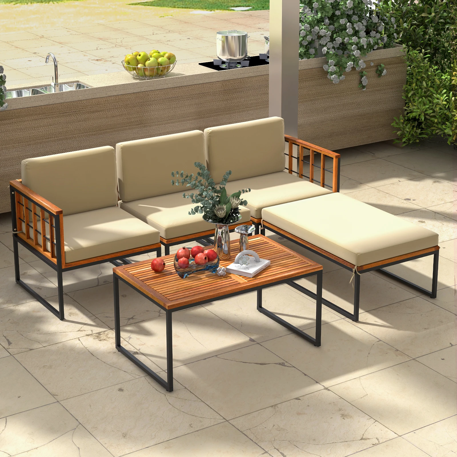 5 PCS Patio Furniture Set Acacia Wood Sectional Set with Seat & Back Cushions