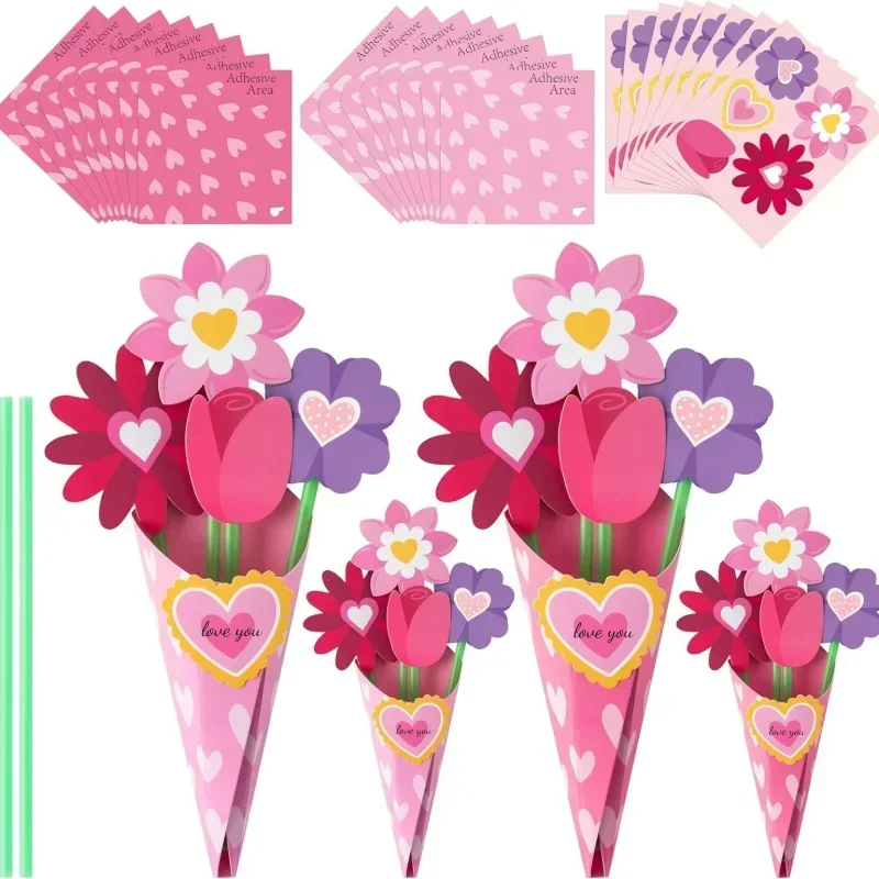 Valentine's Day Pink Flower Bouquet DIY Handmade Kit, Heart-shaped Flower Craft Set for Kids, Homemade Romantic Gift for Valenti