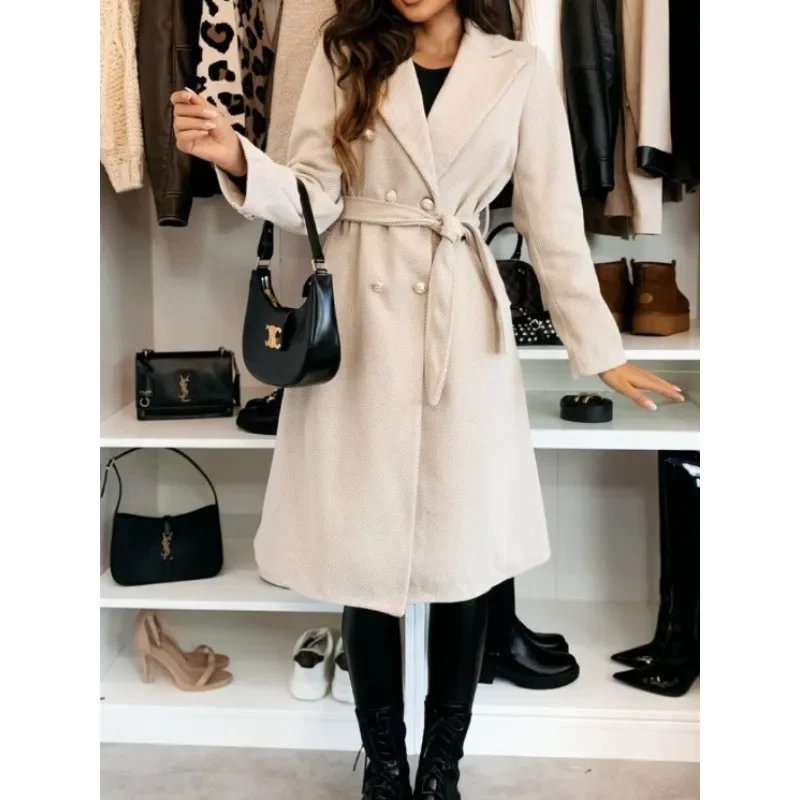 S-XXL New Women's Simple and Fashionable Solid Color Double Row Buckle Strap Woolen Coat